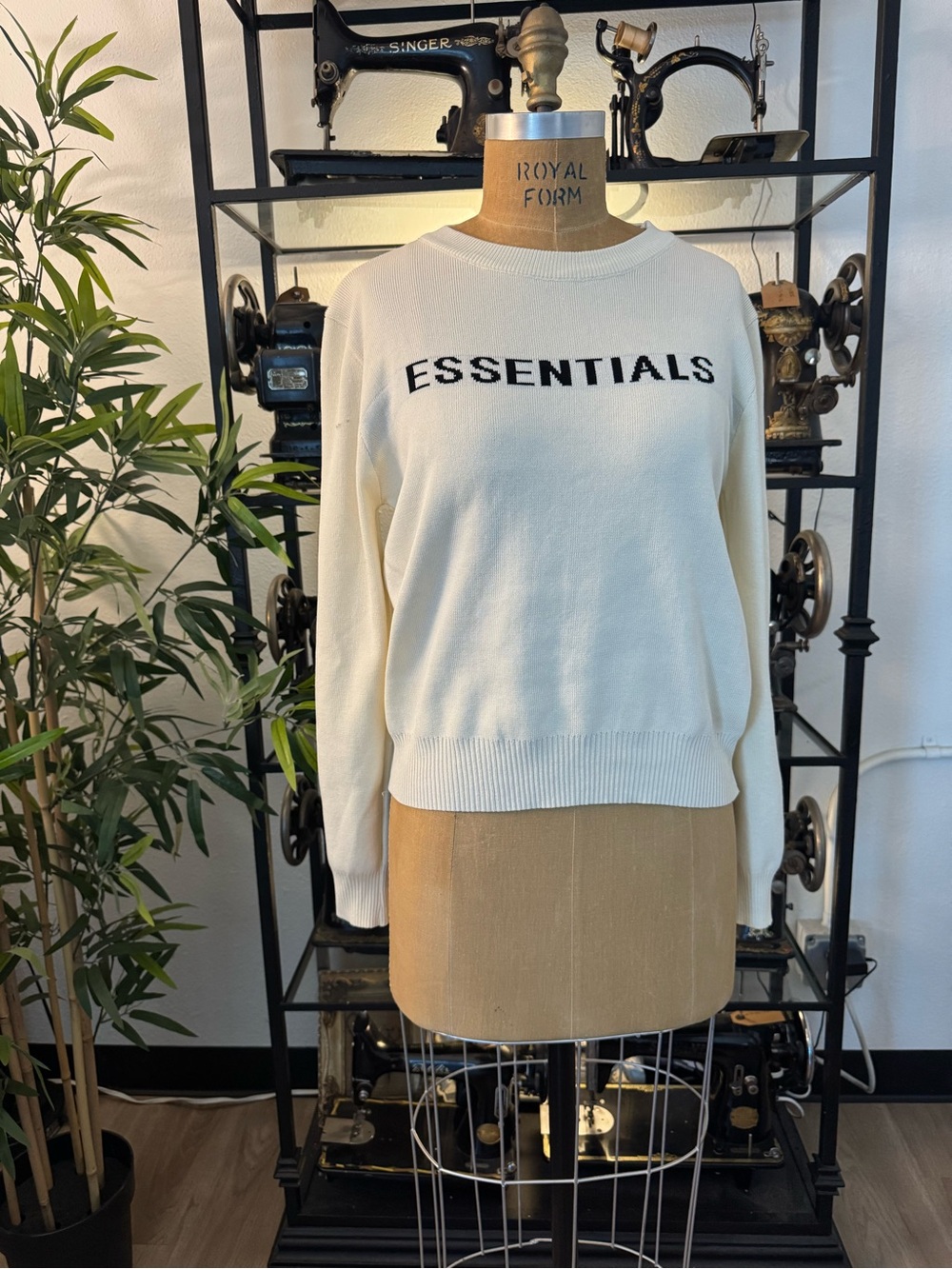 Essentials Cream Crewneck Sweater with Black Logo